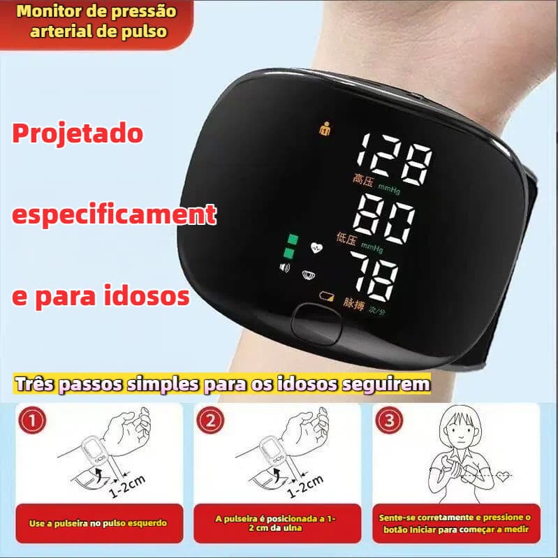 Monitor de pressão arterial de pulso recarregável com tela LED sensível ao toque e controle de voz,oferecendo alta preci