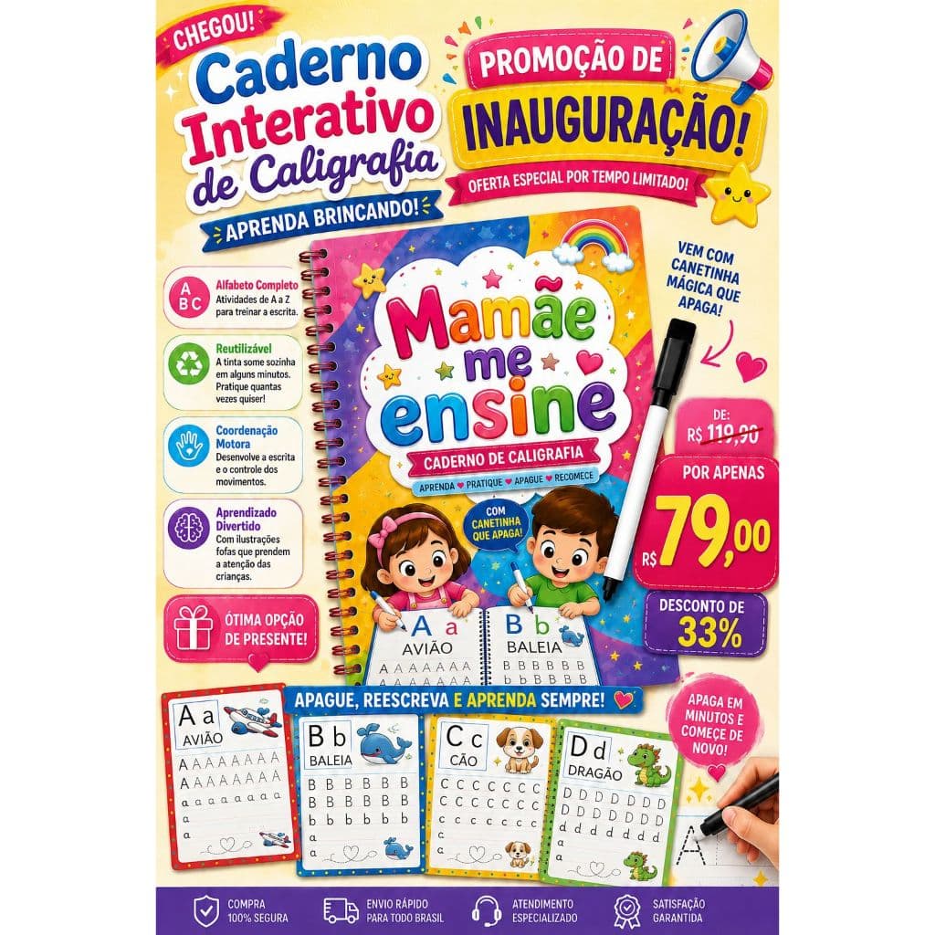 Caderno artesanal caligrafia interatico com canetinha que apaga, aprender e se divertir