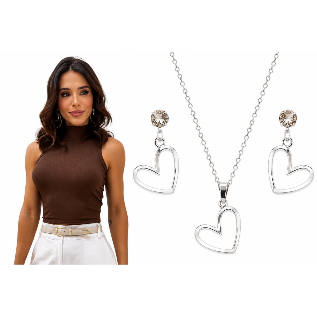 Look Feminino Cropped Canelado Gola Alta + Colar e Brinco Coração Delicado Presente Feminino