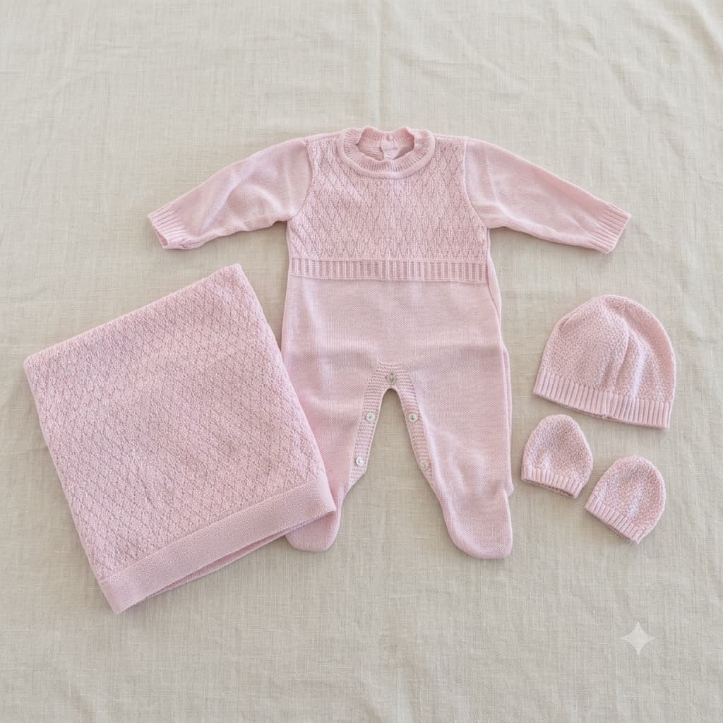 Kit Saída Maternidade Menina Rosa Tricô com 04 Peças, Macacão, Manta, Touca e Luva, Recém Nascido