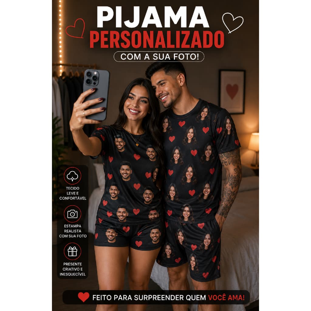 Pijama Estampado Personalizado Casal 1 Unidade Tecido Premium Sua Imagem