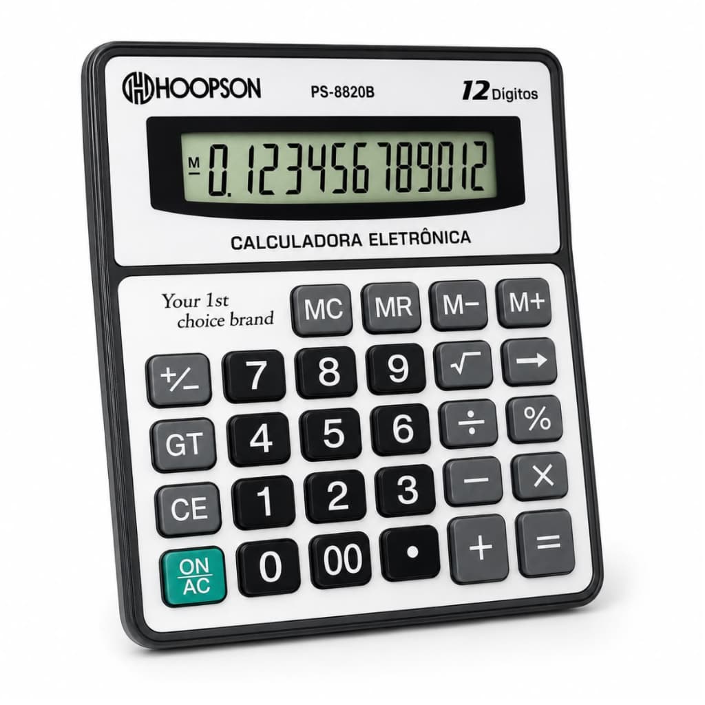 Calculadora Eletrônica Hoopson 12 Dígitos Grande Display Mesa Escritório Comércio Escola Função GT Backspace