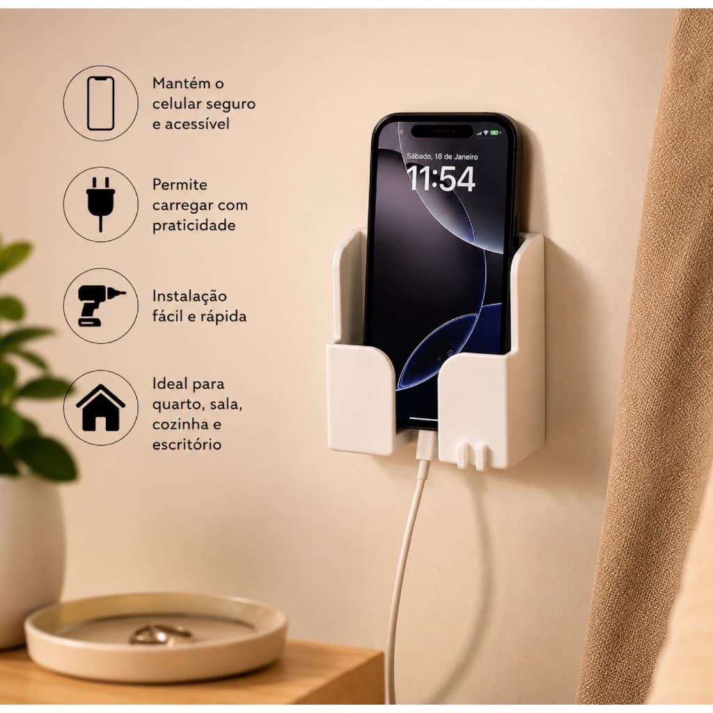 Suporte de Parede para Celular com Organizador de Cabos Autoadesivo Universal (sem furos)