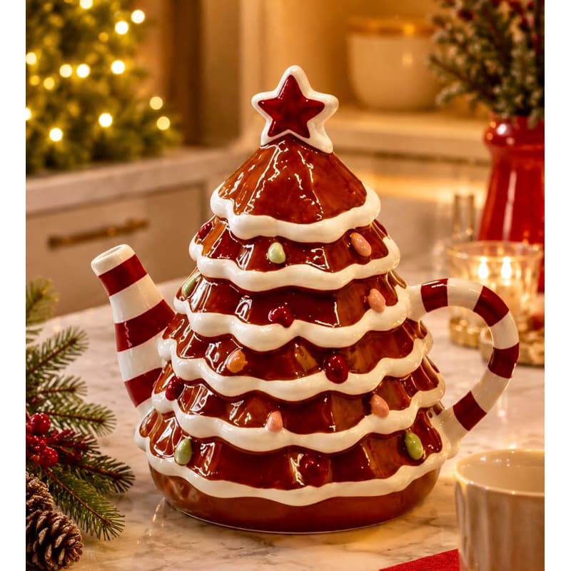 Bule de Porcelana Árvore de Natal Decorativo – Cerâmica Premium para Chá e Café