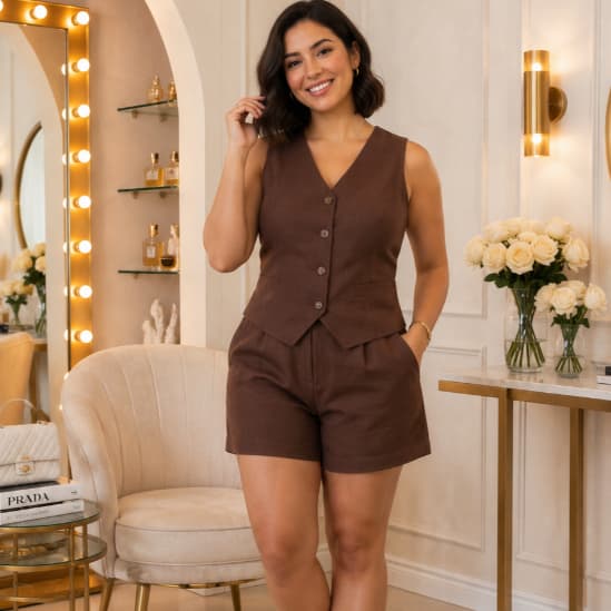 Conjunto Feminino Linho Casual para Trabalho Passeio Colete e Shorts