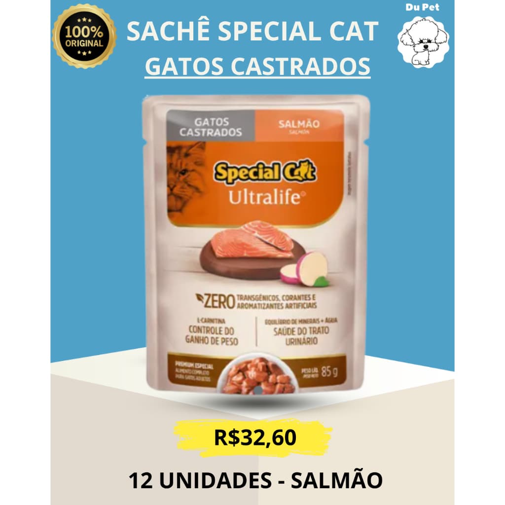 KIT ( CAIXA ) 12 UNIDADES SACHÊS SPECIAL CAT SALMÃO - GATOS CASTRADOS - RAÇÃO ÚMIDA