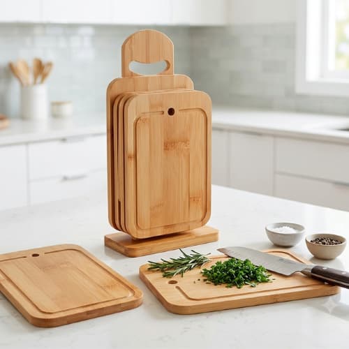 Kit 4 Tábuas para Corte de Carnes Legumes + Suporte Pratico e Compacto Madeira Bambu