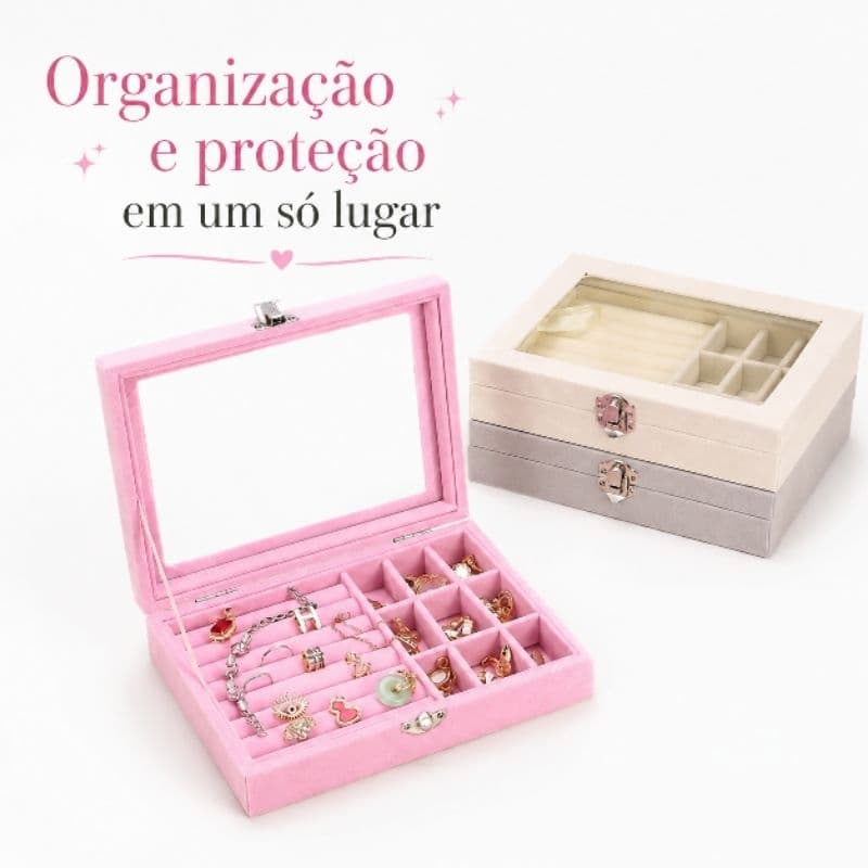 Porta-Joias Veludo com Tampa Transparente | Organizador para Anéis, Brincos, Colares e Pulseiras  Elegante e Compacto