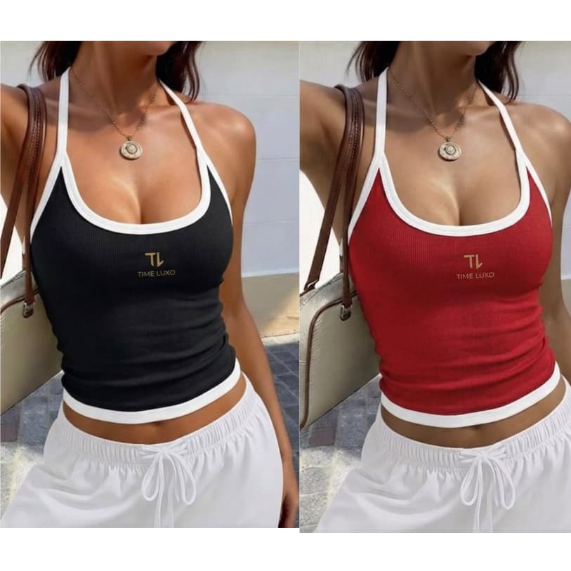 Kit 2 Blusa Tupe Top Cropped Feminina Frente Única Decote e Alça Costa Nua estilo Gringa Regata Suplex