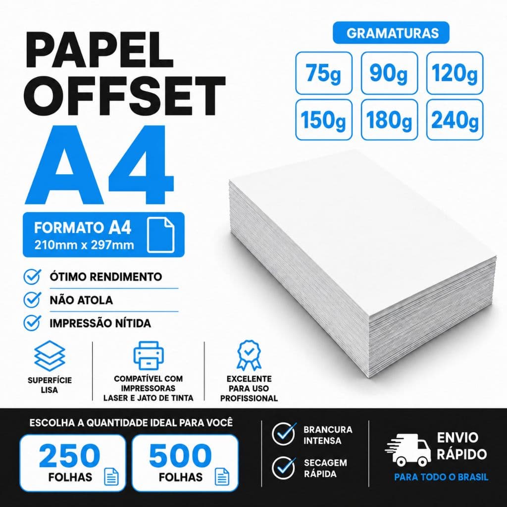 Papel Offset A4 Branco 75g 90g 120g 150g 180g 240g | 250 ou 500 Folhas