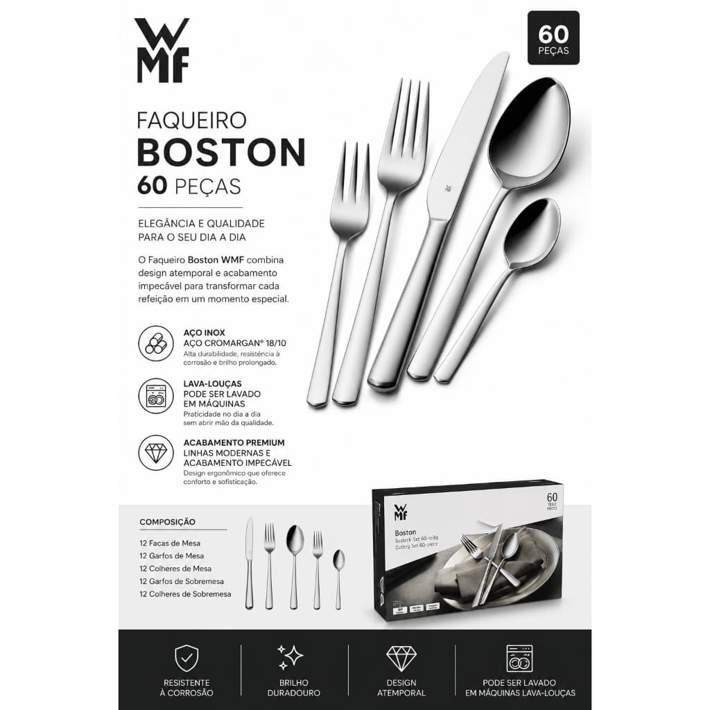 Conjunto De Talheres Faqueiro Inox 60 Peças Boston Wmf Luxo