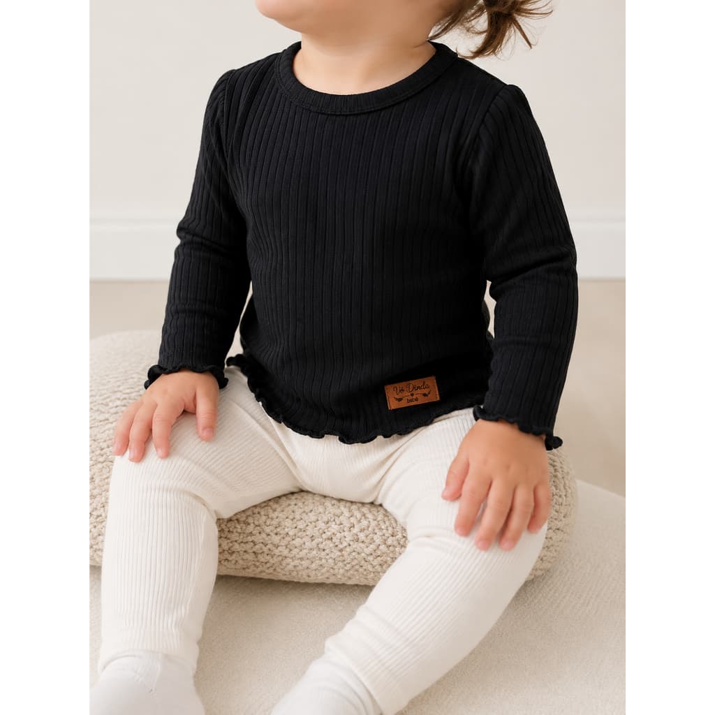 Blusa Infantil Menina Canelada Premium Manga Longa Preta
