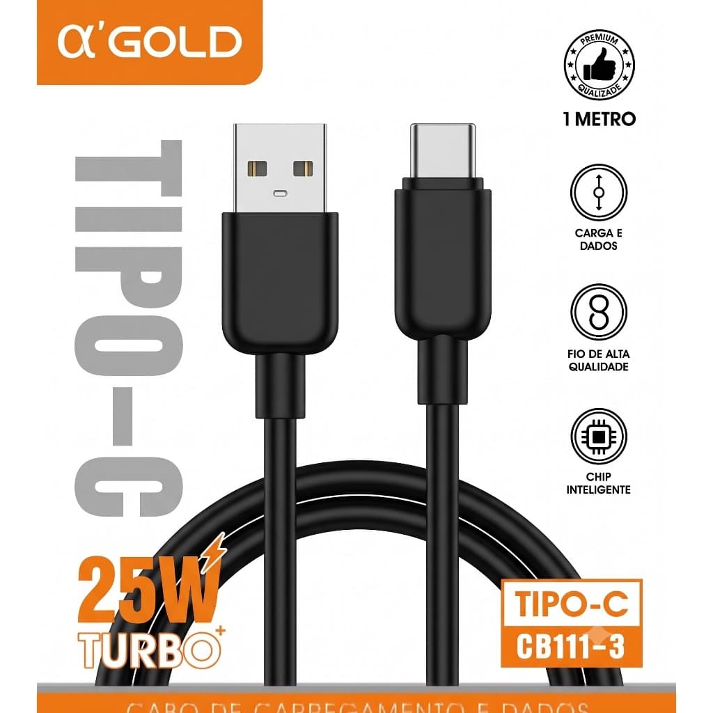 Cabo Carregador Tipo C Usb Turbo 25W Carregamento Rápido 1m Original Qualidade A'Gold Tipo-C Durável