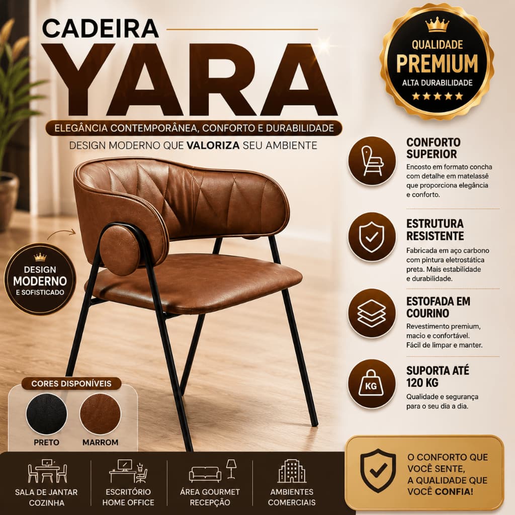 Cadeira de Jantar Yara Moderna Estofada Courino Base Metálica Preta Confortável e Resistente
