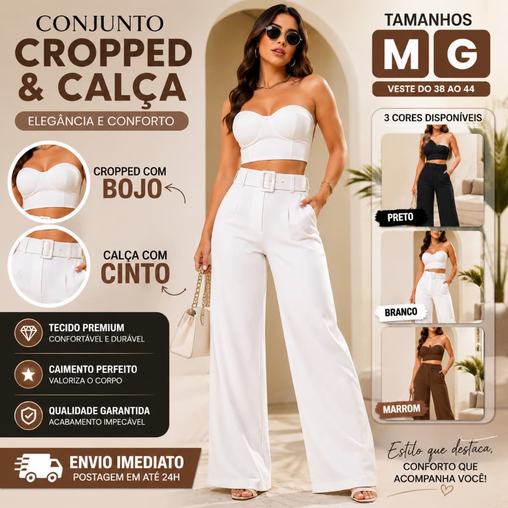 Conjunto Social Feminino Cropped com Bojo Calça Wide Leg com Cinto - Envio Imediato !!!