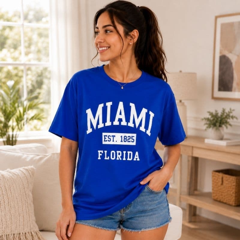Blusa Feminina Estilosa Casual 100% Algodão Miami Florida Estampa College Confortável P ao GG