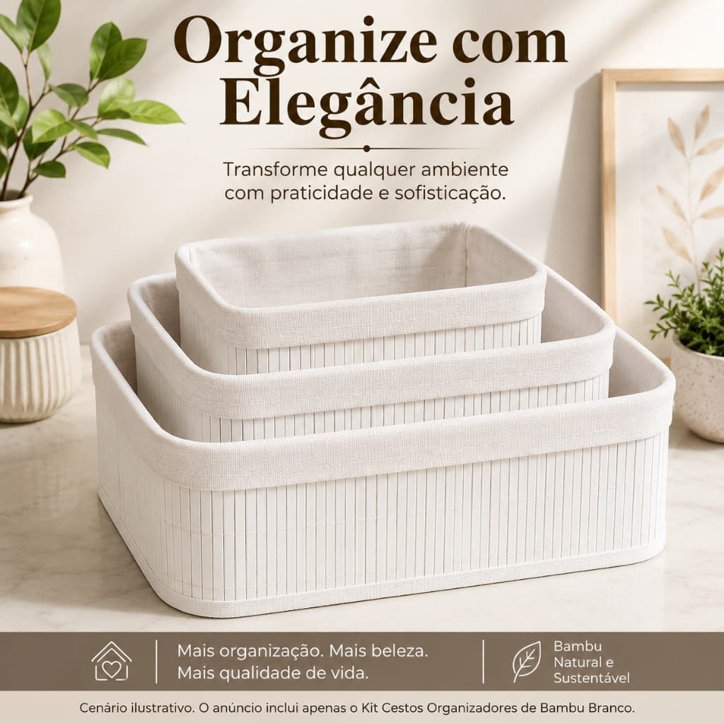 Kit 3 Cestos Organizadores de Bambu Branco Multiuso para Cozinha Banheiro Quarto Escritório