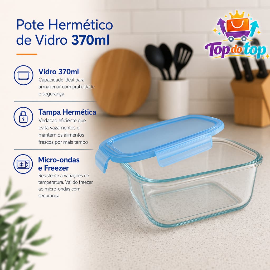 Pote Retangular Hermético Vidro 370ml Quentinha Micro ondas Freezer lava louças empilhável vedação