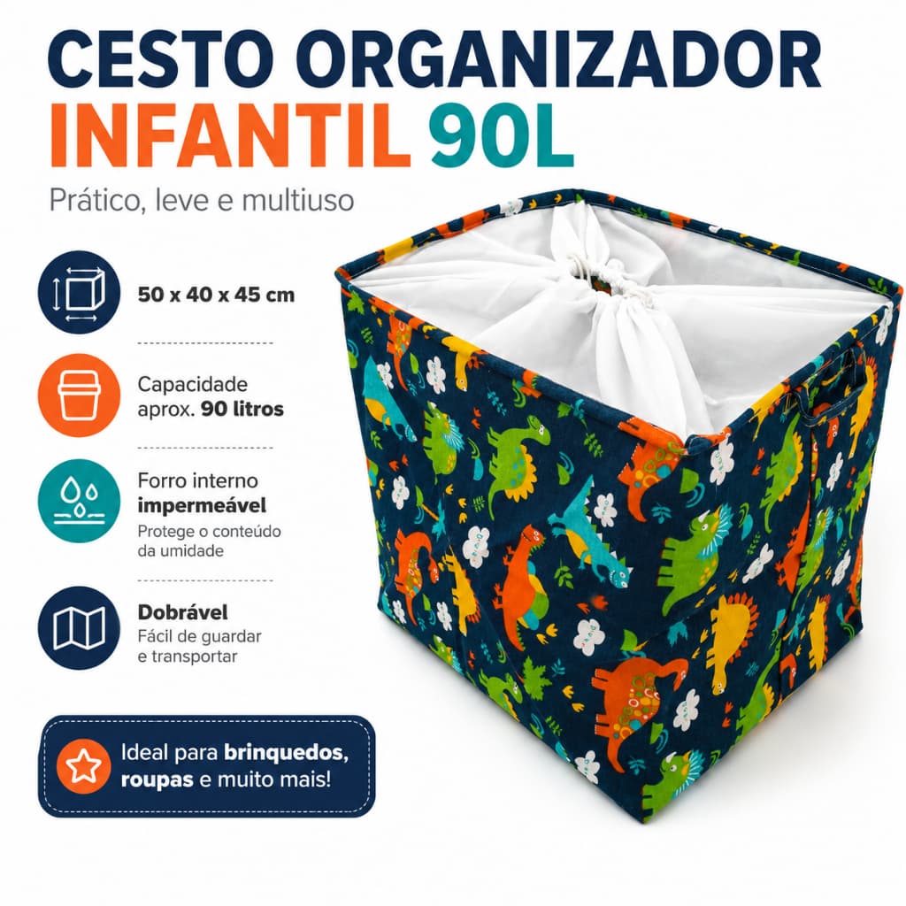 Cesto Organizador Grande 90Litros Infantil Quadrado Multiuso