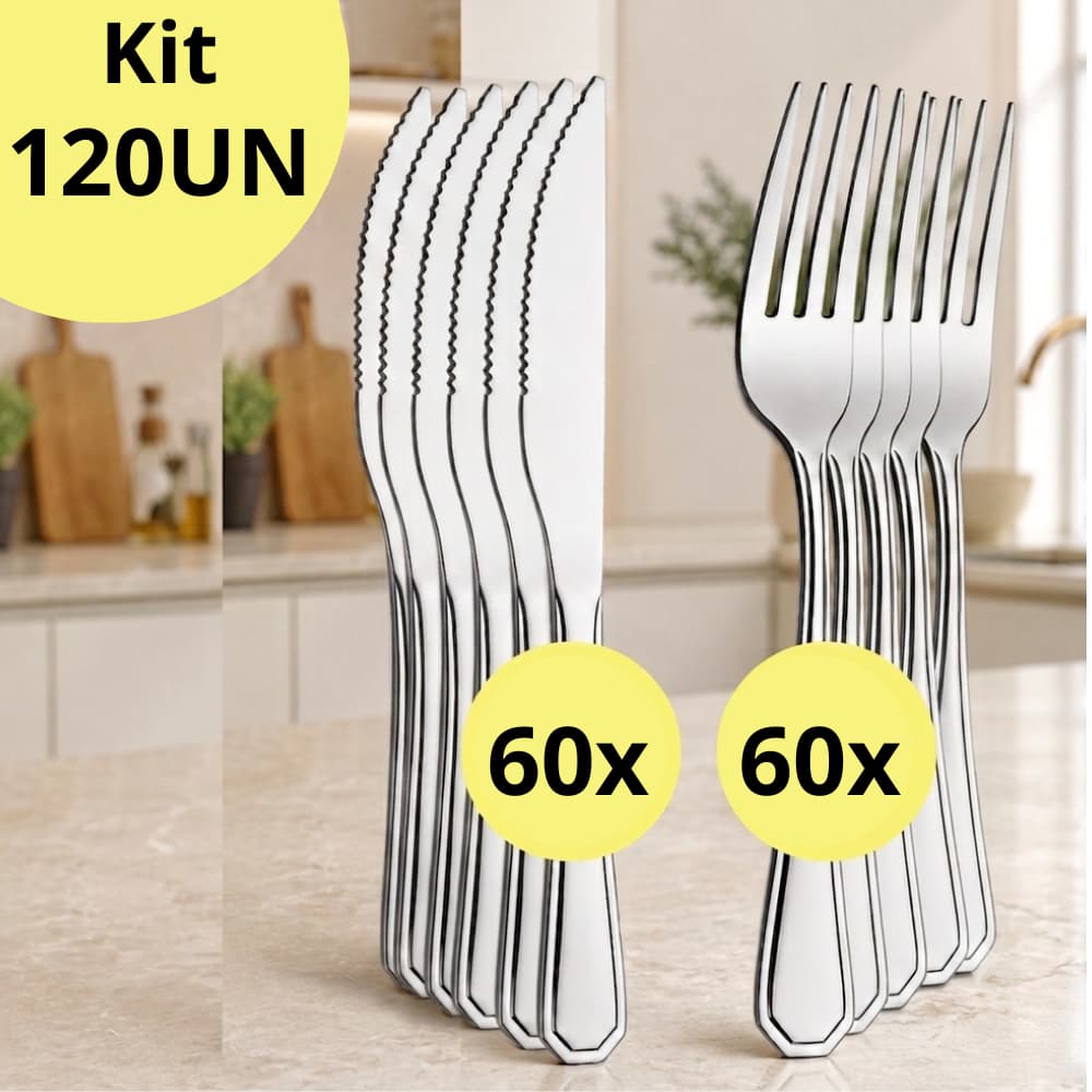 Jogo de Talheres KIT 120 peças em Aço Inox 60 Garfos 60 Facas para Cozinha Bares Restaurante eventos
