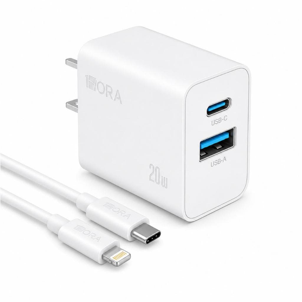 Carregador Rápido 20W com Portas USB-C PD 3A e USB-A e Cabo Lightning - Plug Americano