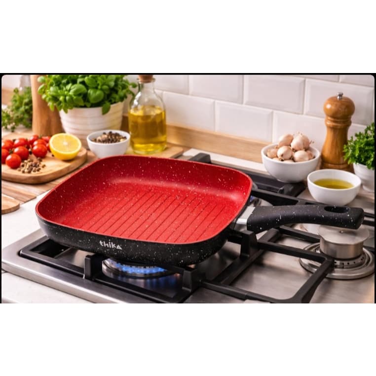 Frigideira Grill Quadrada 24cm Antiaderente Indução Stone Red Point Cabo Resistente