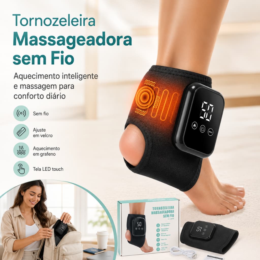 Massageador para Tornozelo Recarregável com 3 Níveis de Calor e 3 Modos de Vibração – Alívio Rápido para Dores e Fadiga