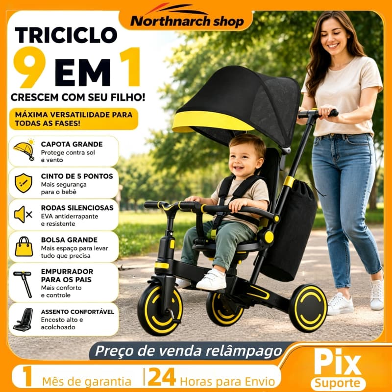 Triciclo Infantil 9 em 1 com Controle para os Pais, Dobrável e Leve - Carrinho de Bebê Multifuncional