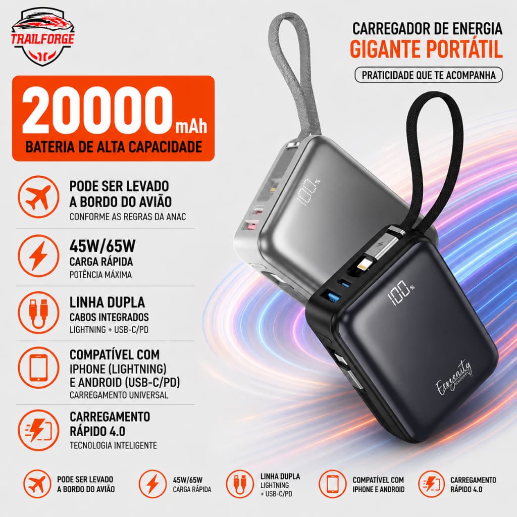 Trailforge Carregador Portátil Power Bank Grande 65W 20000mah Com Displaya Visor do nível da bateria