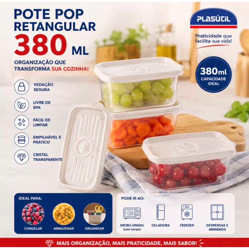 Pote Pop 380 ml Plasútil |  Branco  | Potes Empilháveis  Livre de BPA