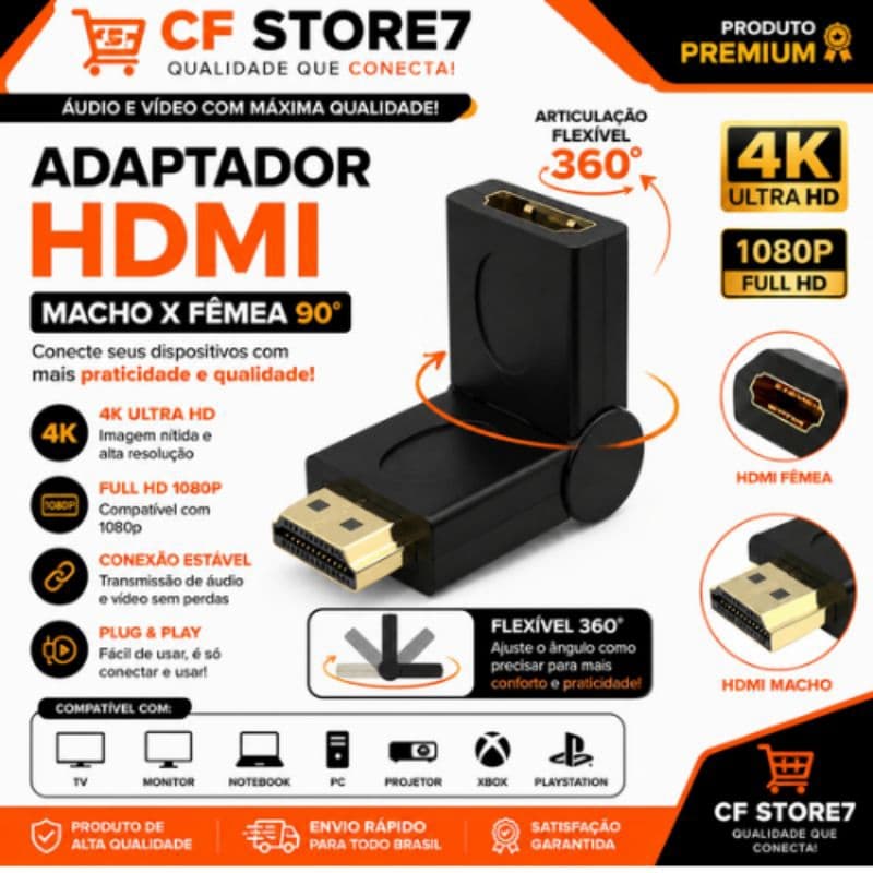 Adaptador HDMI Macho x Fêmea 90° Flexível 360° 4K Ultra HD Extensor HDMI Articulado para TV Monitor Notebook PC Xbox PS5