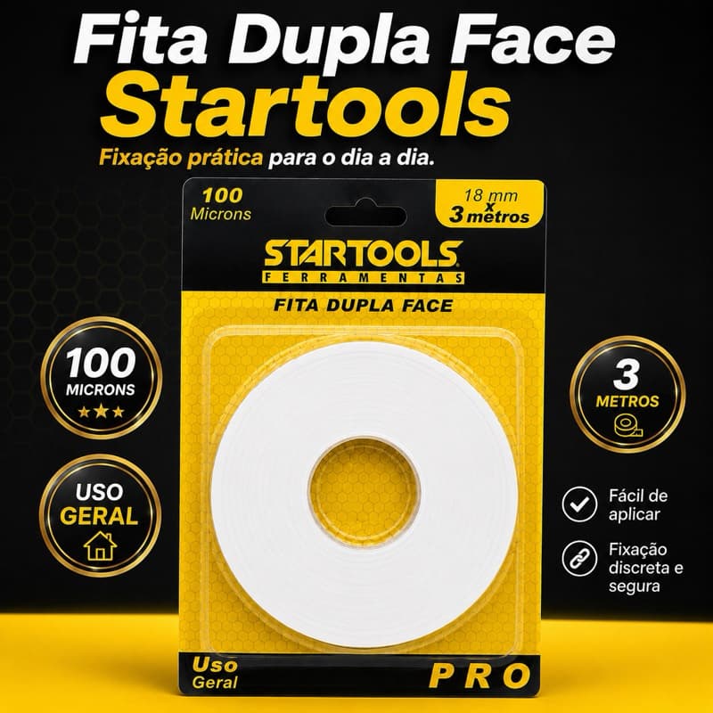 Fita Dupla Face Startools 3 Metros 18mm 100 Microns Uso Geral Alta Fixação para Decoração e Organização