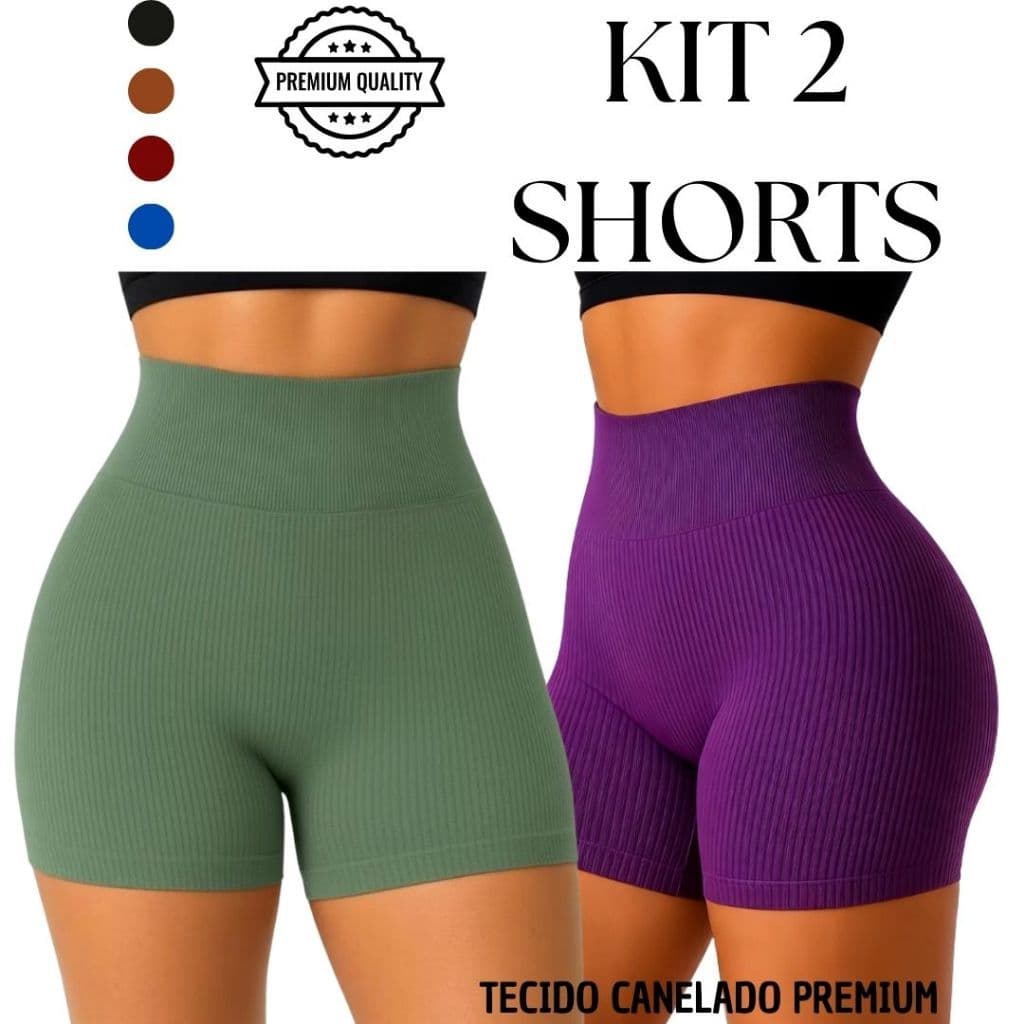 Kit 2 Short Academia Feminino Fitness Canelado Poliamida Premium Cintura Alta Zero Transparência Treino