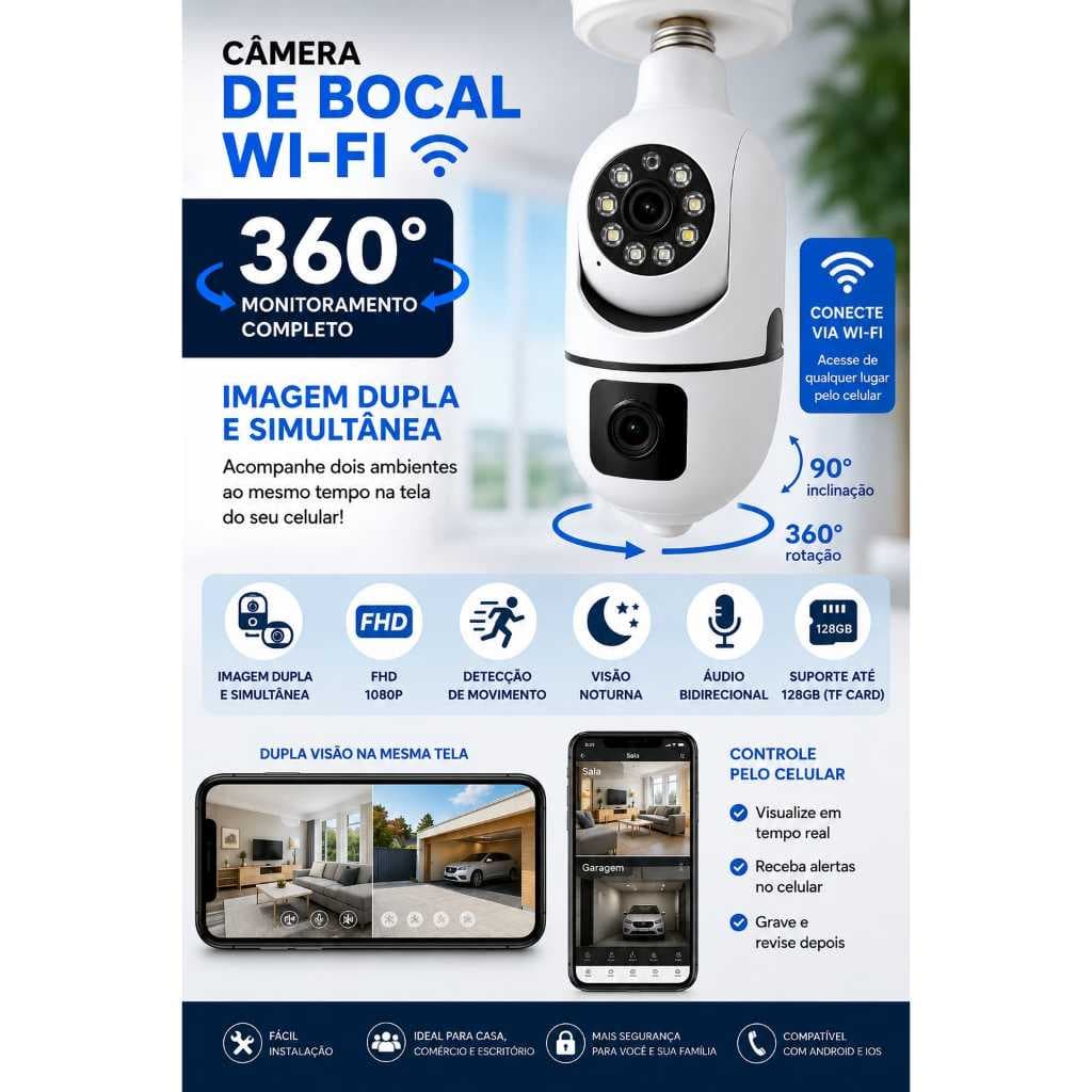 Câmera De Segurança ip 360, FULL HD , Wifi, Full HD, Lentes Duplas, Visão Noturna, Microfone, cartão memoria até 128gb