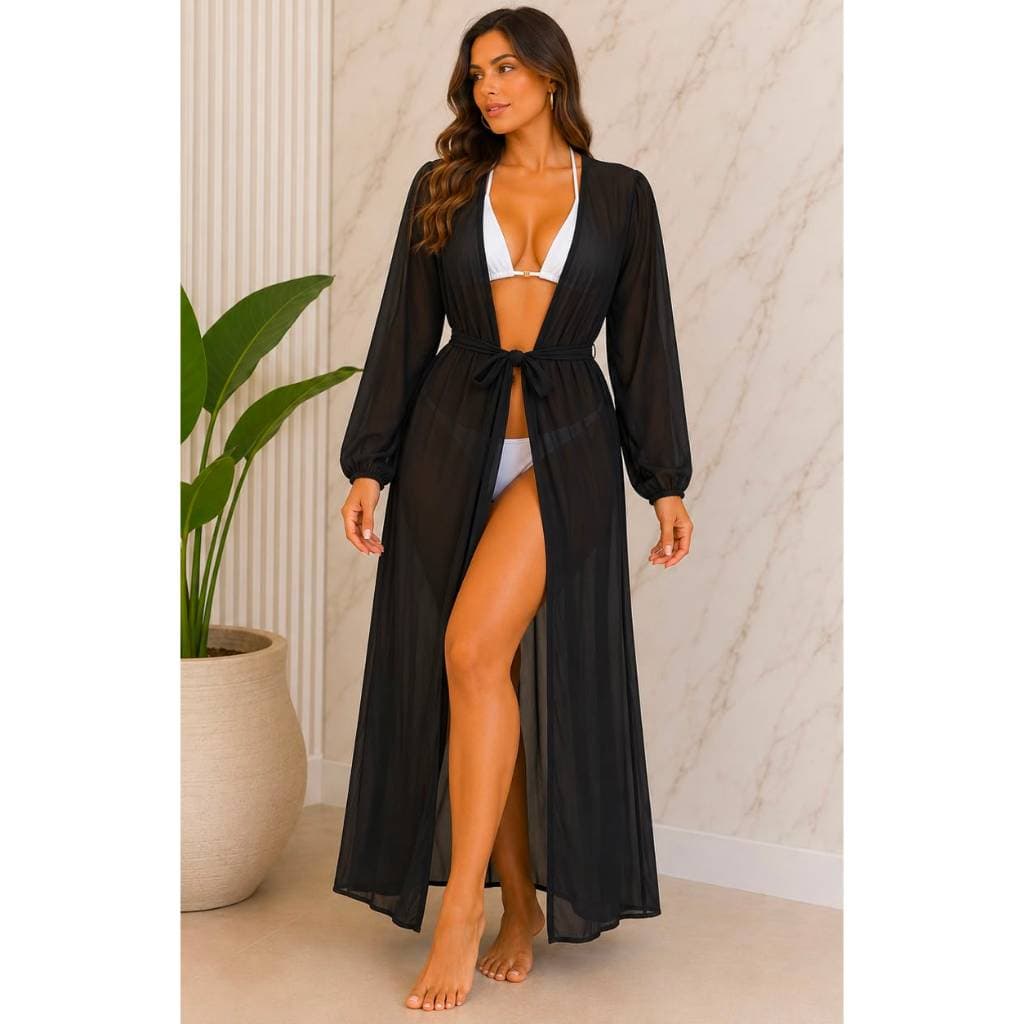 Saida de Praia Feminina Manga Princesa com Elastico e Fenda Lateral Lançamento
