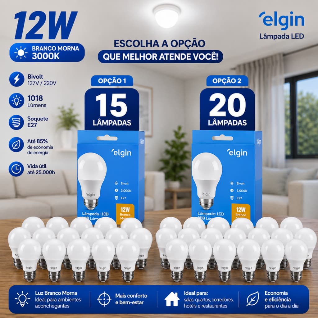 Kit Lâmpada LED Bulbo 12W Branca Morna E27 3000K 1018lm Bivolt Elgin