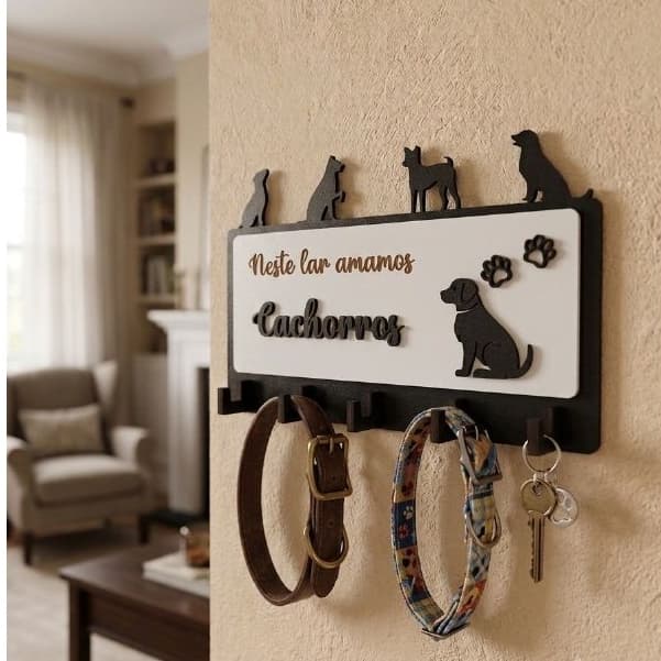 Porta chaves e porta coleira tema Gatos e chachorros com 5 ganchos - MDF - 23cm x 15 cm