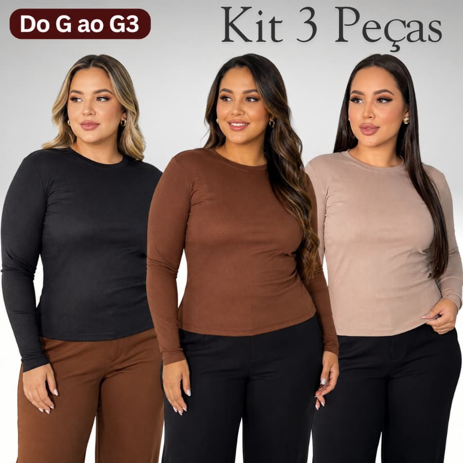 Kit 3 Blusas Femininas Manga Longa Canelada Gola Careca Inverno Básica Casual Plus Size