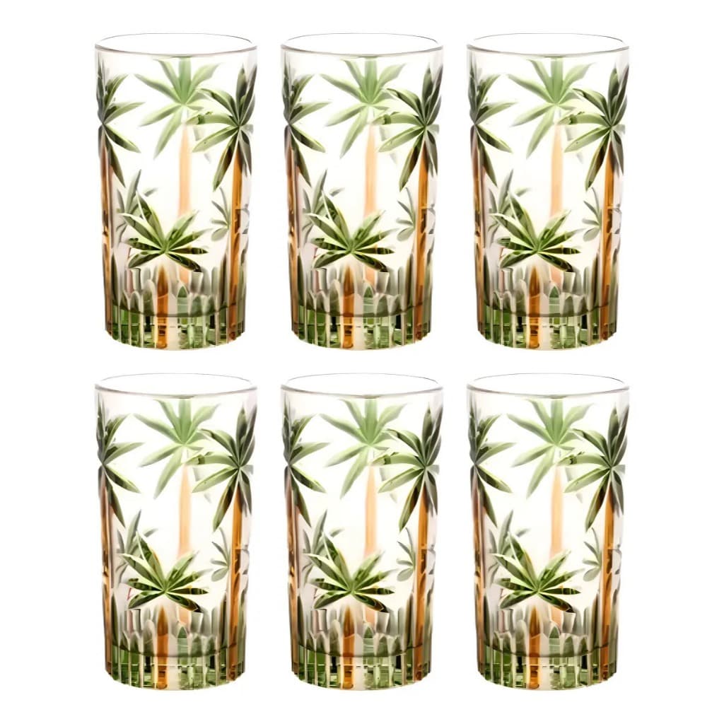 Jogo 6 Copos Altos Wolff 360ml Cristal Pintura à Mão Tropical Copo Água Suco Drink Decorado Presente