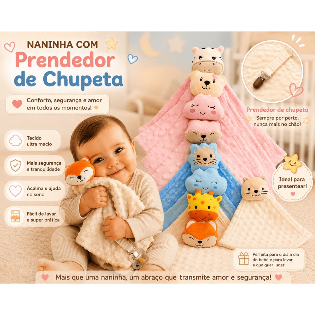 Naninha Bebê Luxo com Prendedor de Chupeta Antialérgica de Bichinho Paninho de Nanar Macio Enxoval Bebê