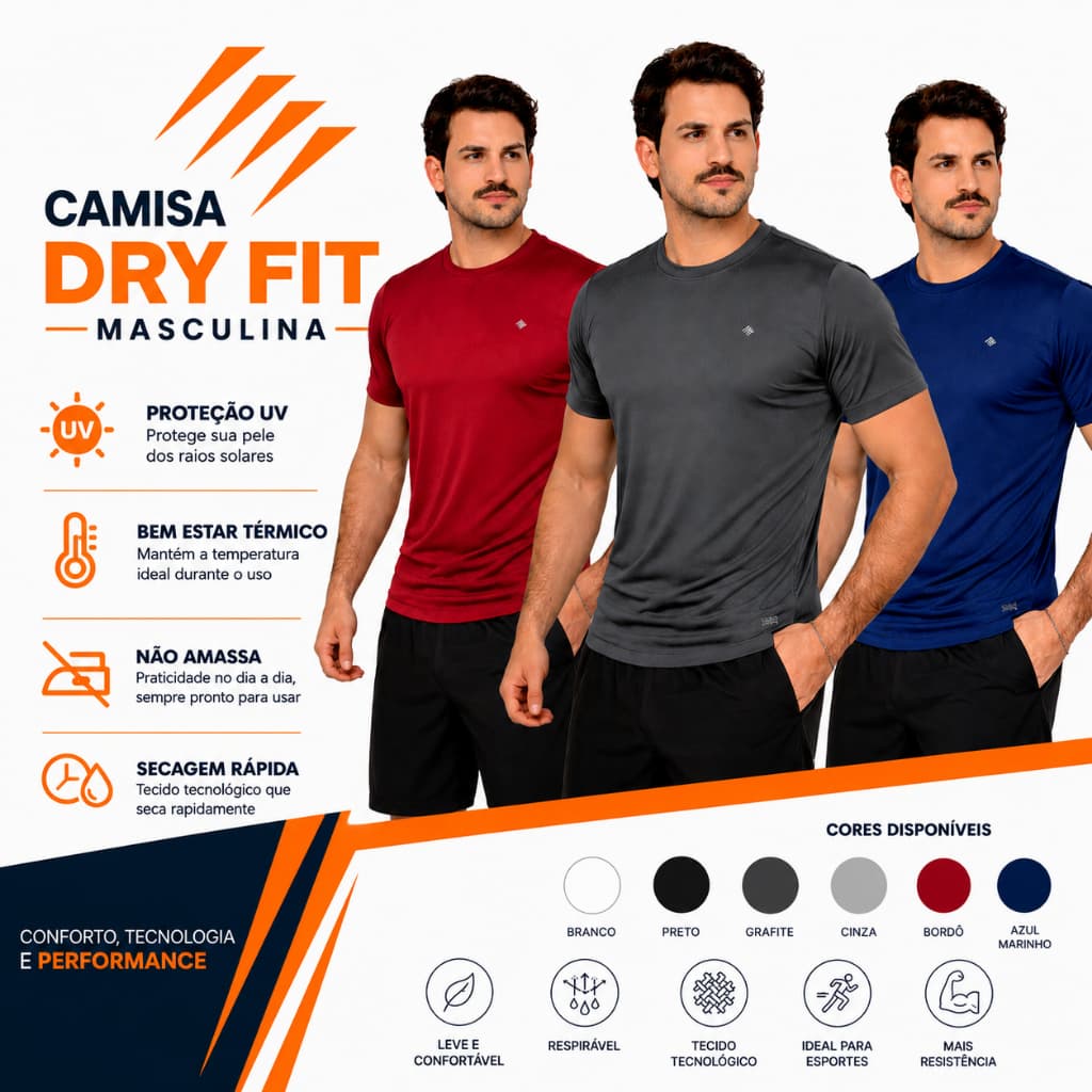 Camiseta Masculina Academia Treino Dry Fit com Elastano Esportiva Lisas Proteção UV Prática De Esportes
