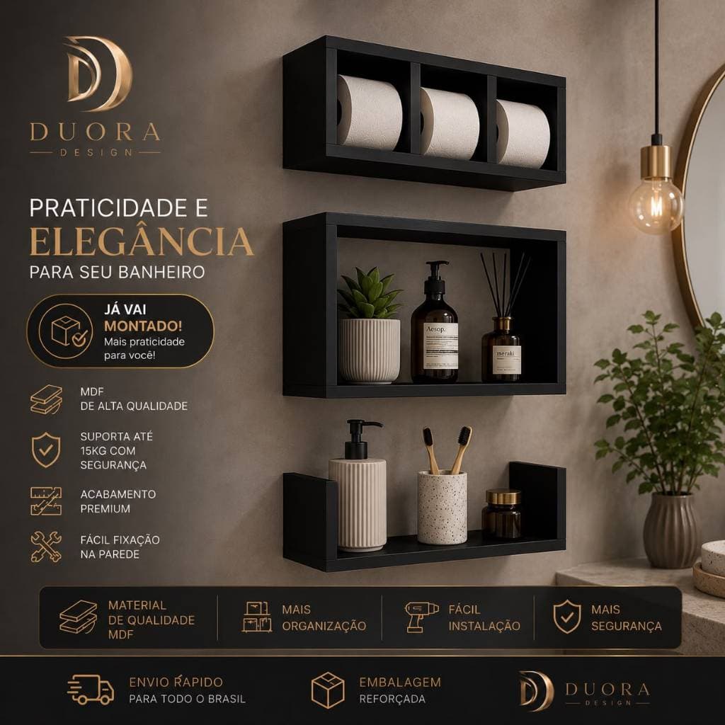 Kit 3 Nichos para Banheiro MDF Premium Porta Shampoo Toalha Papel Higiênico preto