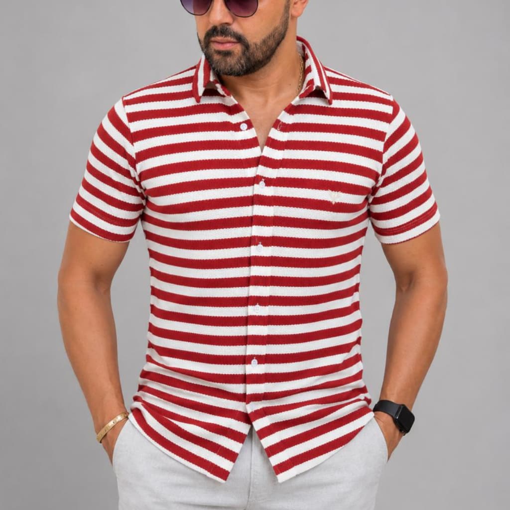 Camisa Tricô Masculina Manga Curta Slim Camisa Casual Elegante Tricô Liso Listrado Roupa Masculina Verão
