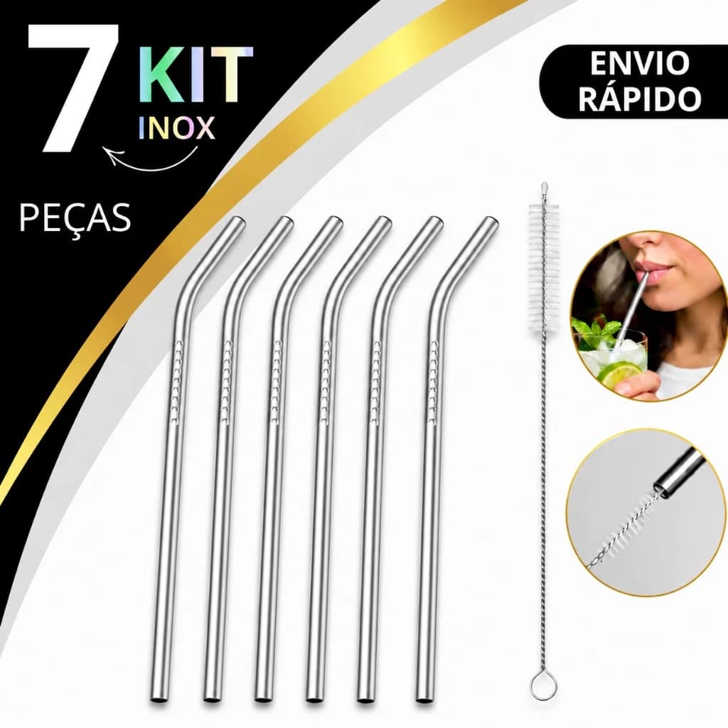 Kit 7 Peças Canudo Inox Prata Reutilizável Curvo e Reto Com Escova Limpeza Drink Suco