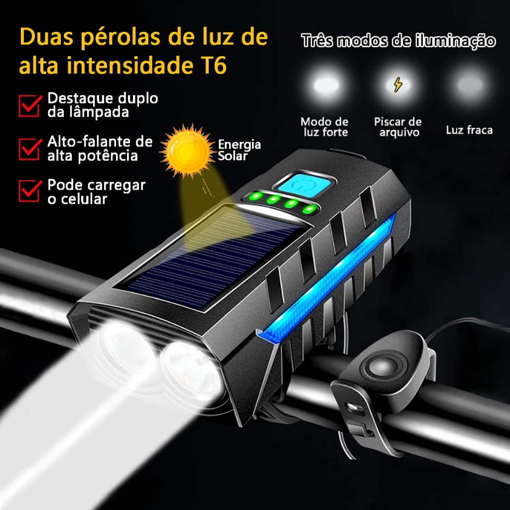 Lanterna Bike Solar Com Buzina E Power Bank 12H Recarregável À Prova D'Água Farol Para Bicicleta