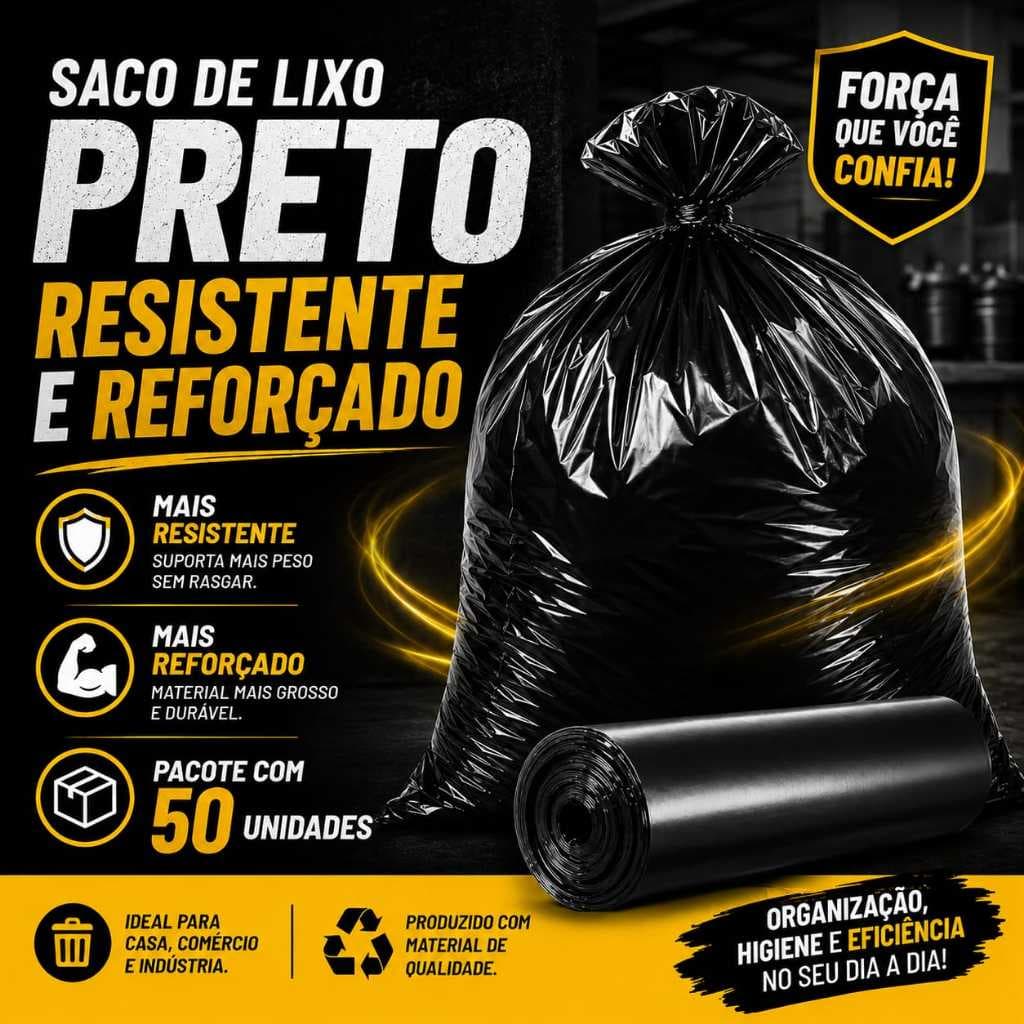 Saco de Lixo Preto Reforçado Resistente Pacote 20L 40L 60L 100L Pacote com 50 ou 10 unidades