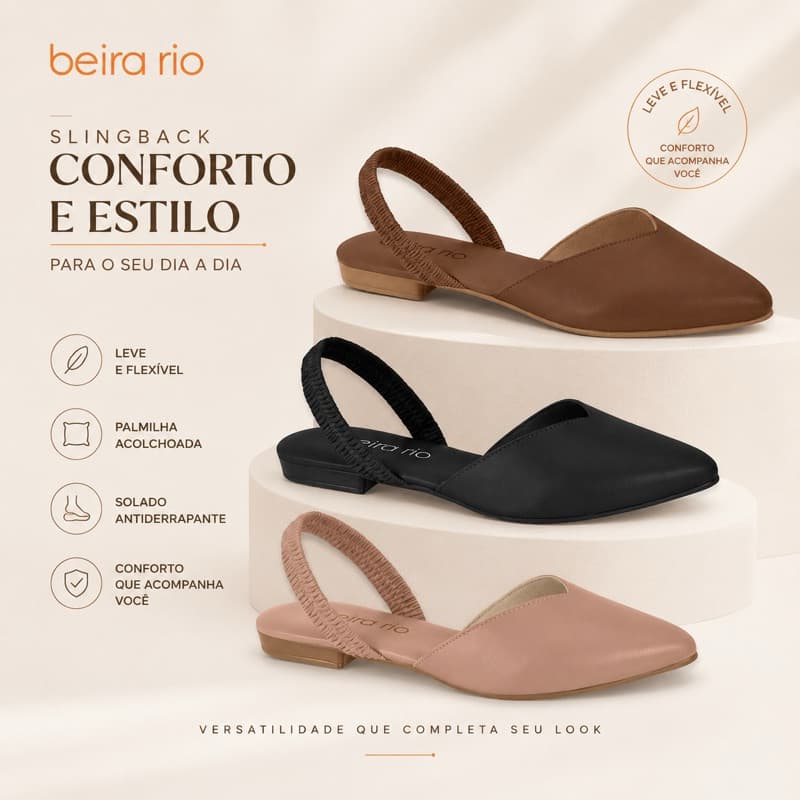 Sapatilha Beira Rio Feminina Slingback Bico Fino Mule Napa Conforto Calce Fácil Original