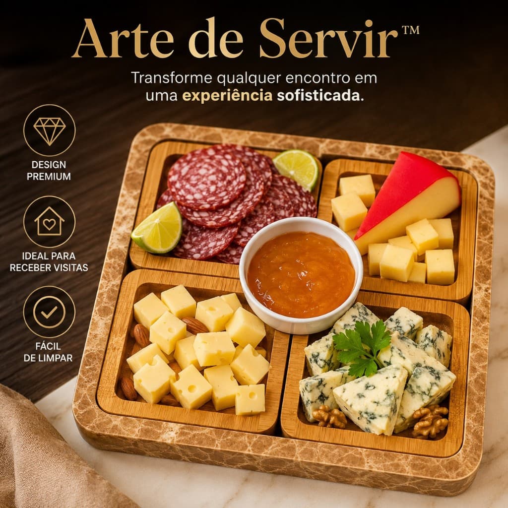 Petisqueira Quadrada de Madeira com 4 Divisórias Arte de Servir | Bandeja para Frios, Queijos, Castanhas e Aperitivos