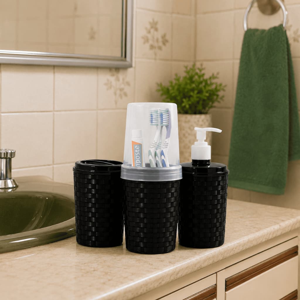 Kit Banheiro Luxo Porta Escova Saboneteira Líquida e Porta Algodão Preto Branco