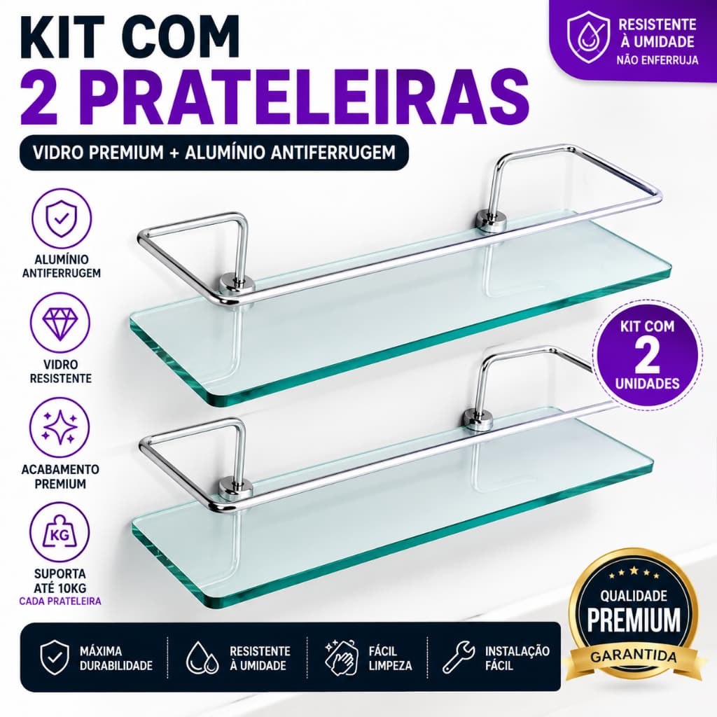 Prateleira Porta Shampoo Vidro Kit 2 Banheiro Alumínio Antiferrugem Organizador Parede Premium 8mm